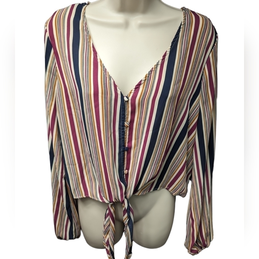 Hiatus Button Front Striped Tie Hem Long Sleeve Blouse Sz M